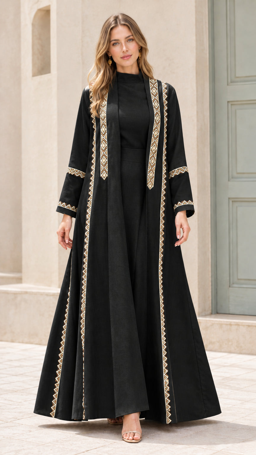 Full-length view of black embroidered open front abaya two-piece set