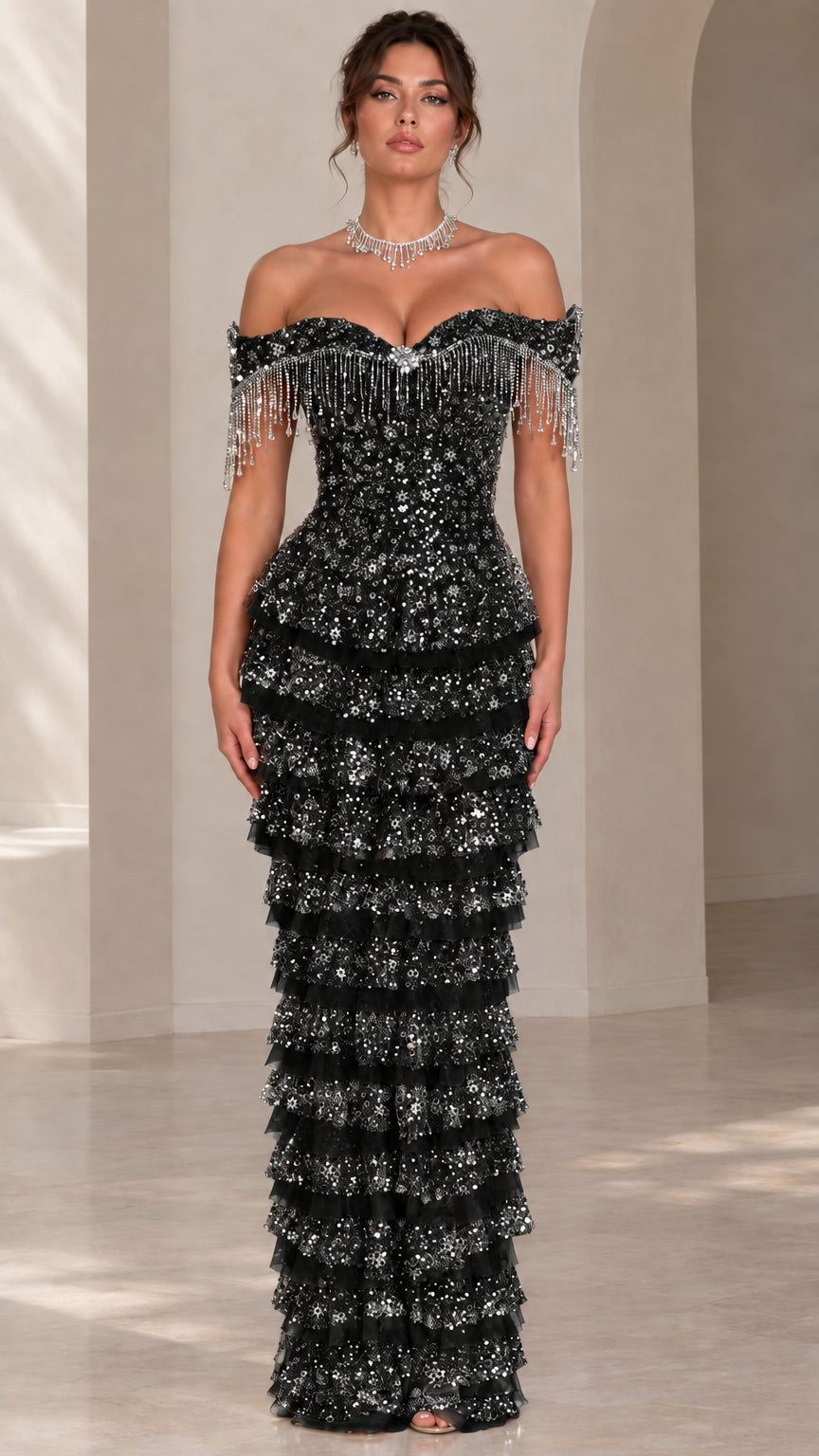 Black off-the-shoulder tiered sequin evening gown with beaded trim