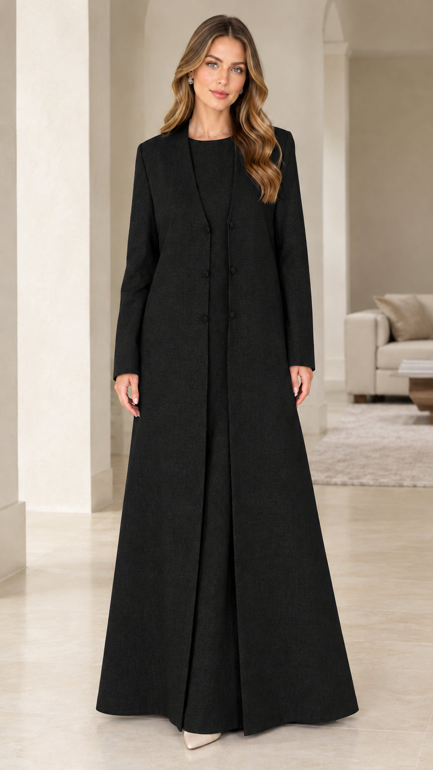 Front view of black two-piece formal maxi dress and coat set