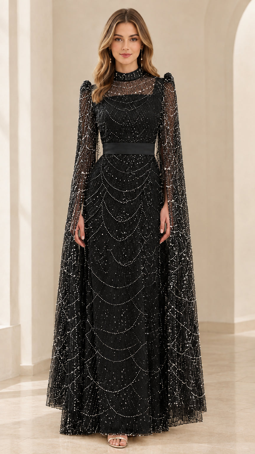 Black beaded high-neck cape formal evening maxi gown