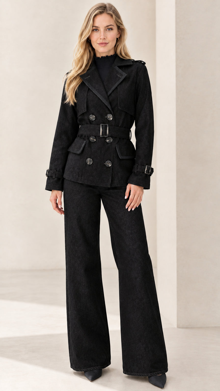 Full-length front view of black double-breasted belted blazer and matching wide-leg pant set