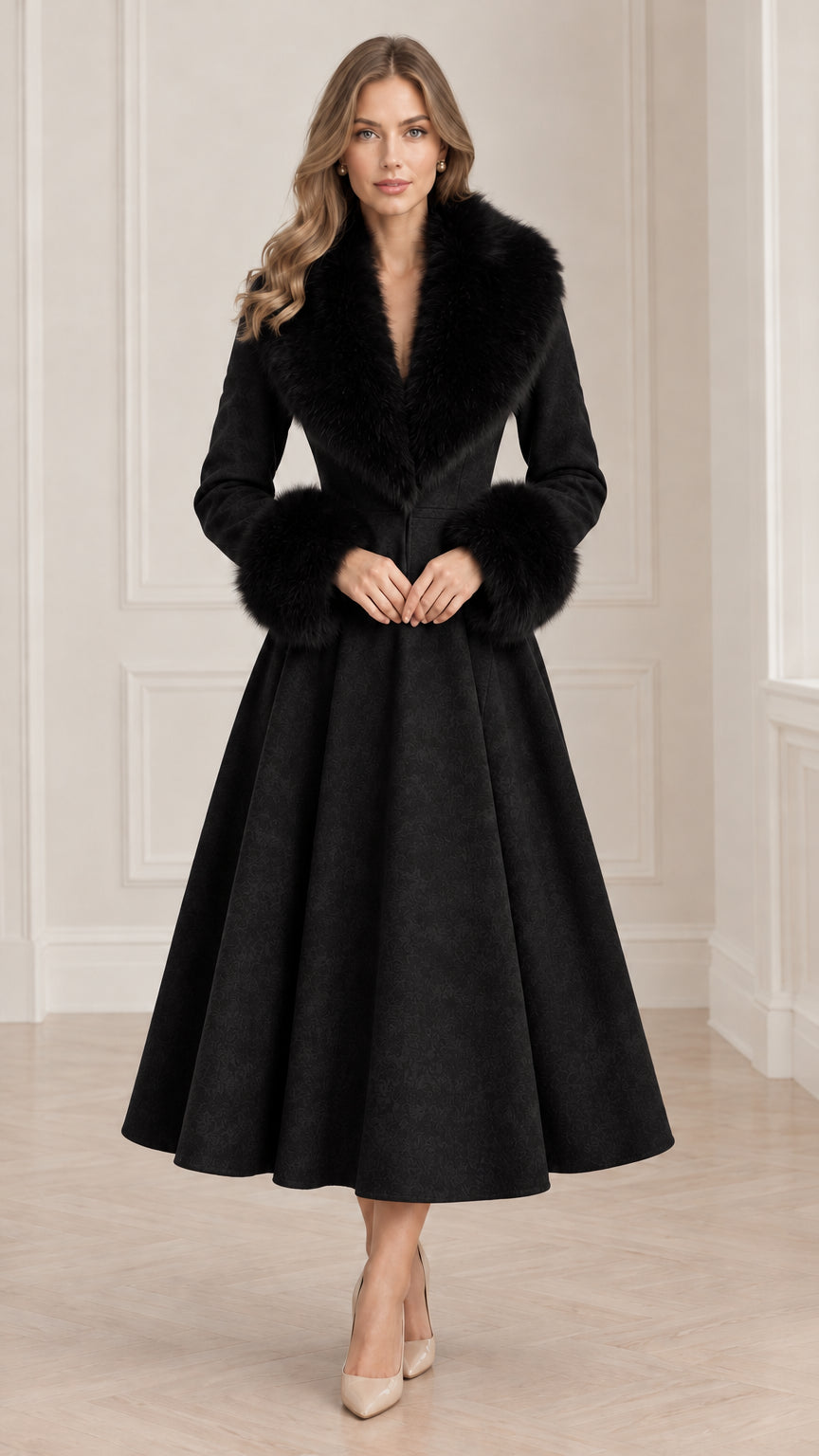 Model wearing Black fit and flare midi coat with matching plush black faux fur collar and cuffs