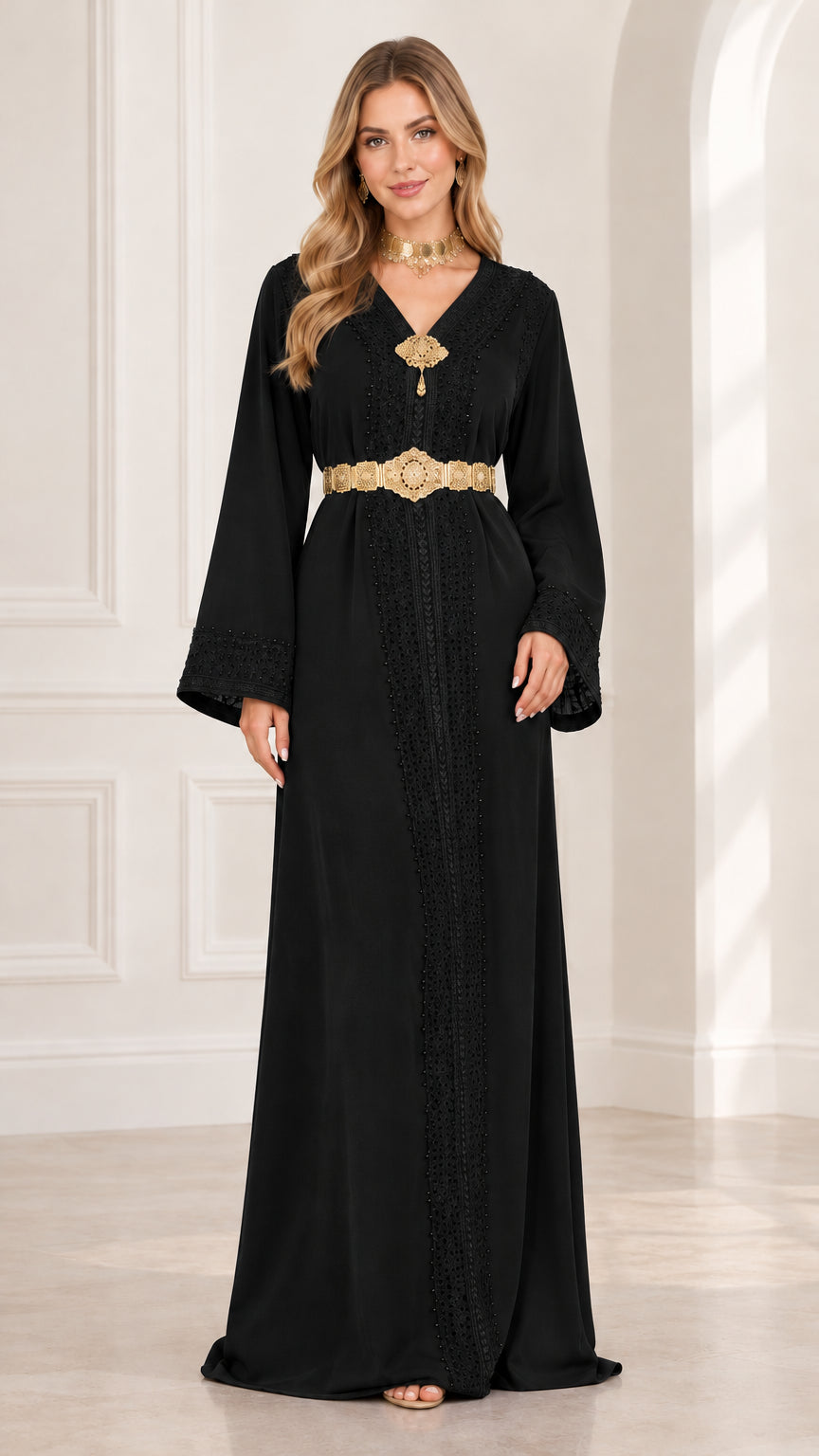 Front view of black embellished kaftan maxi dress with gold belt