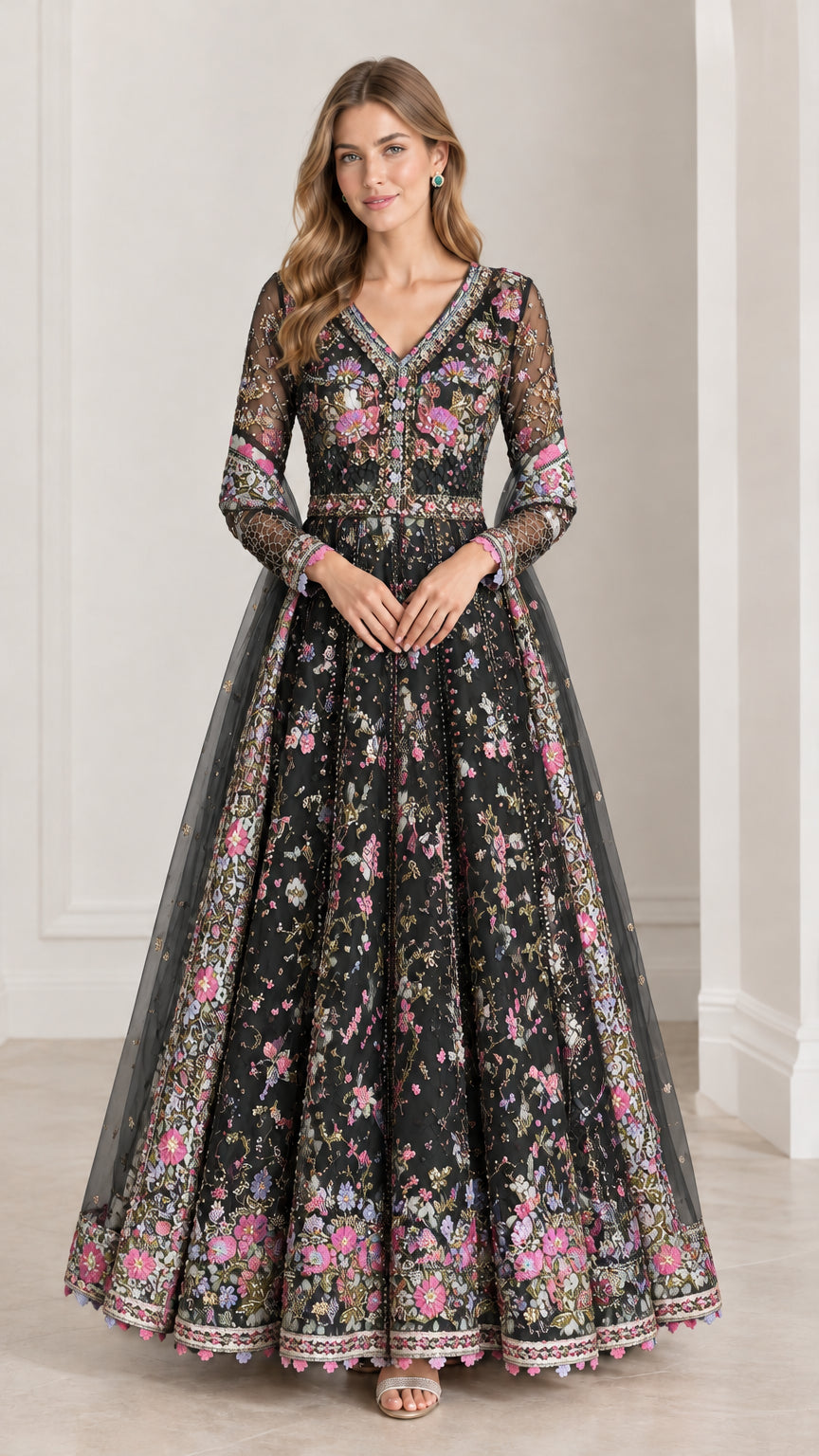 Full front view of model wearing Black floral embroidered A-line formal gown