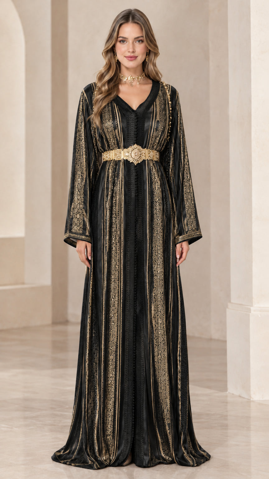 Front view of model wearing Black metallic embroidered belted kaftan dress