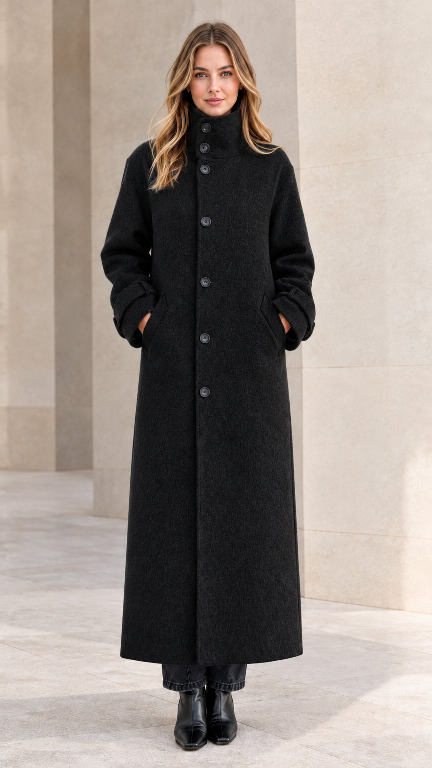 Front view of woman wearing classic black high stand collar maxi coat