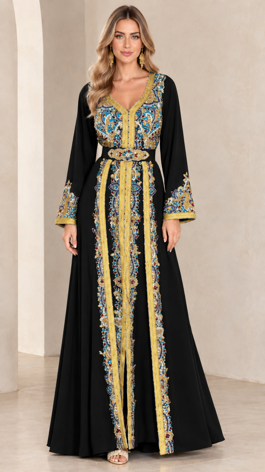 Full front view of black Moroccan kaftan dress with ornate gold and crystal beading