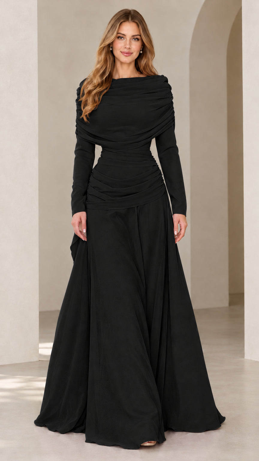 Full front view of black long sleeve draped ruched evening gown