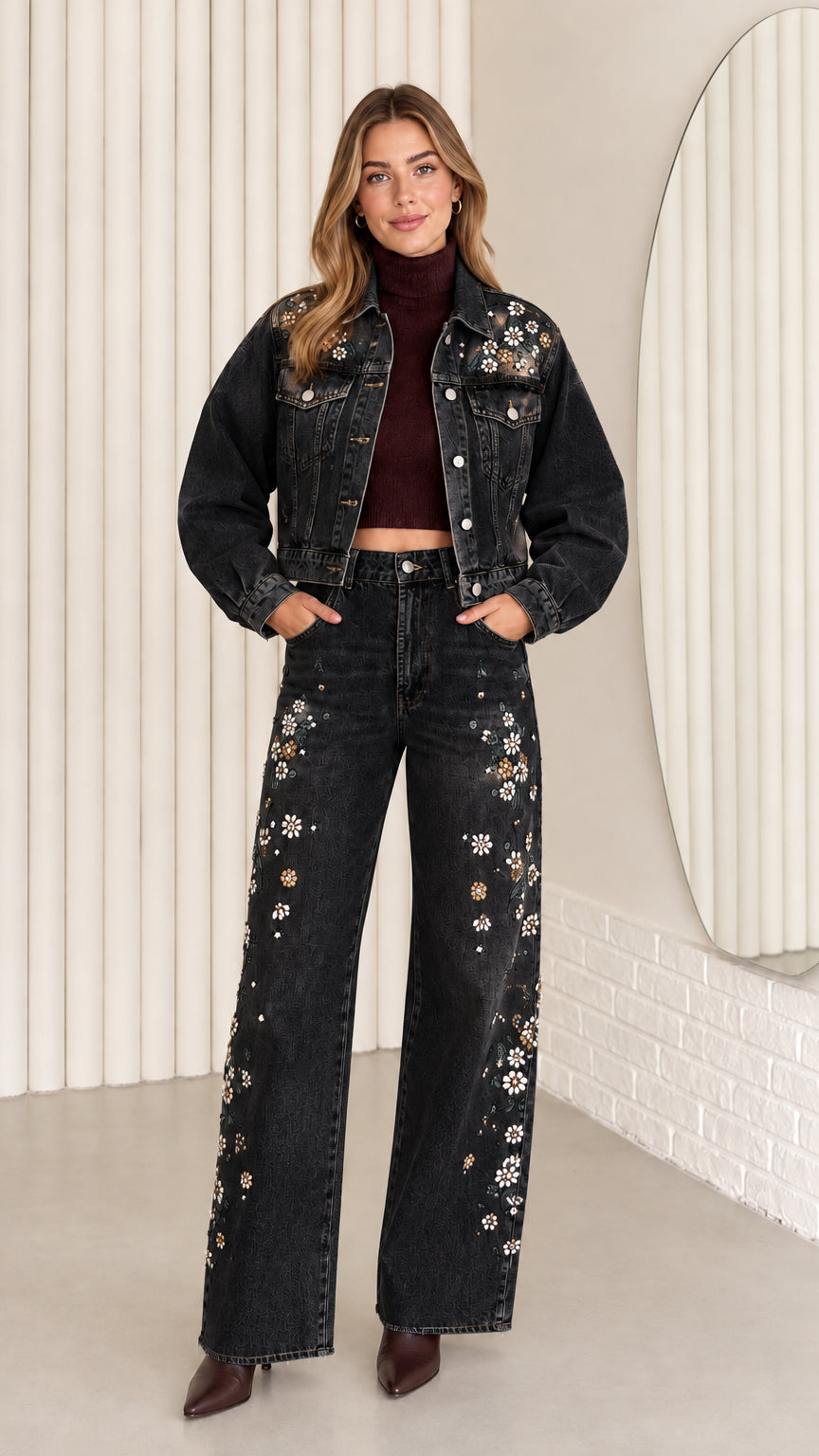 Model wearing Washed Black floral embellished denim jacket and wide-leg pants set
