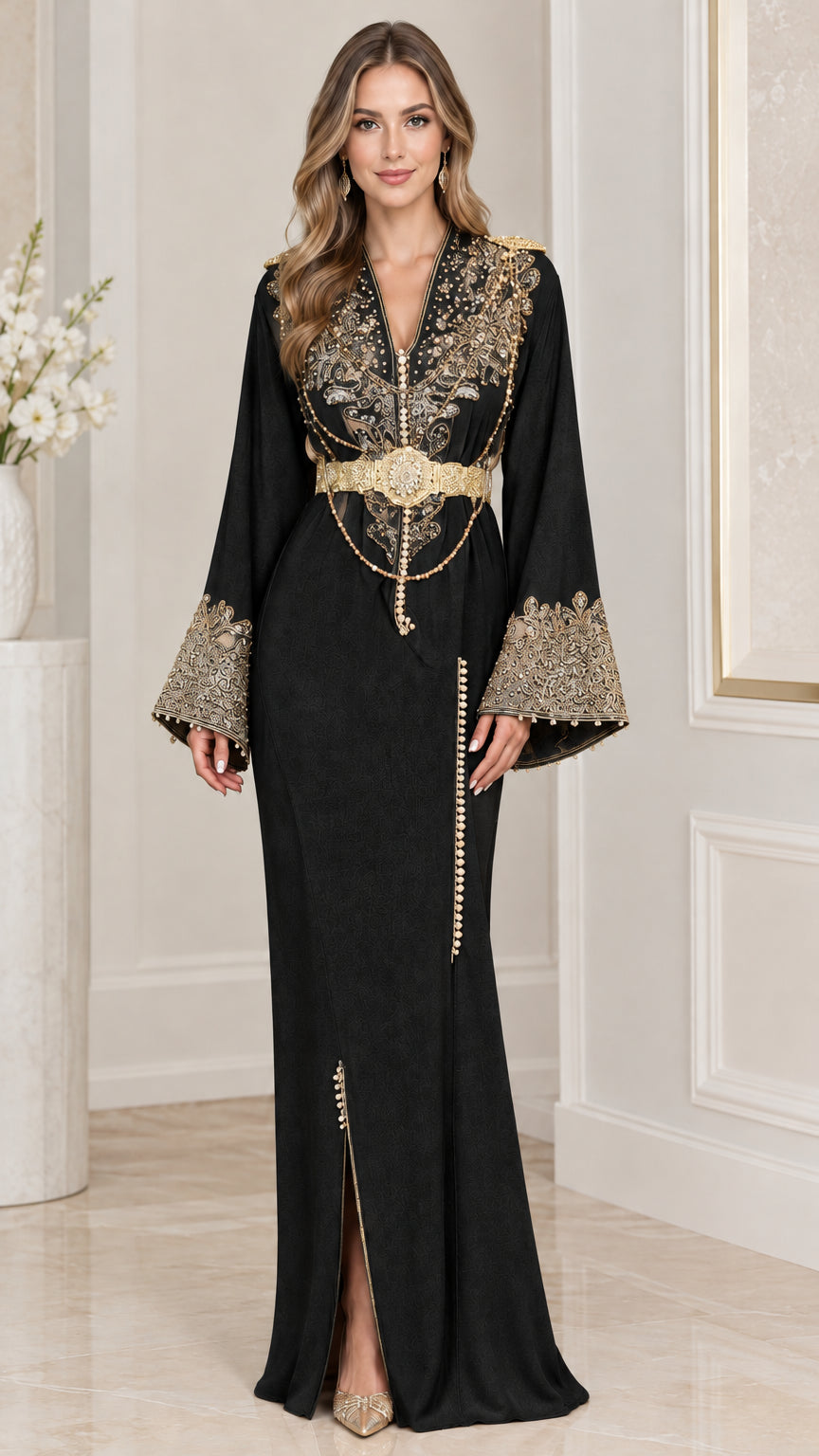 Full-length view of black embroidered kaftan dress with gold embellishments