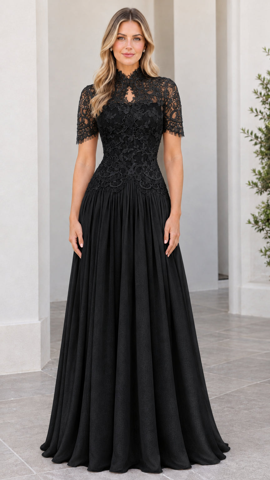 Model wearing Black high neck lace bodice A-line chiffon maxi evening gown