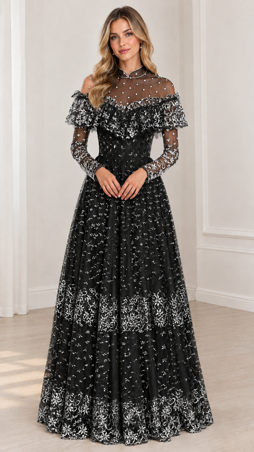 Front full view of black illusion lace long sleeve evening gown