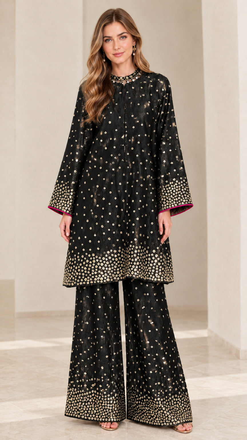Model wearing Black metallic floral print tunic and wide-leg palazzo pant set