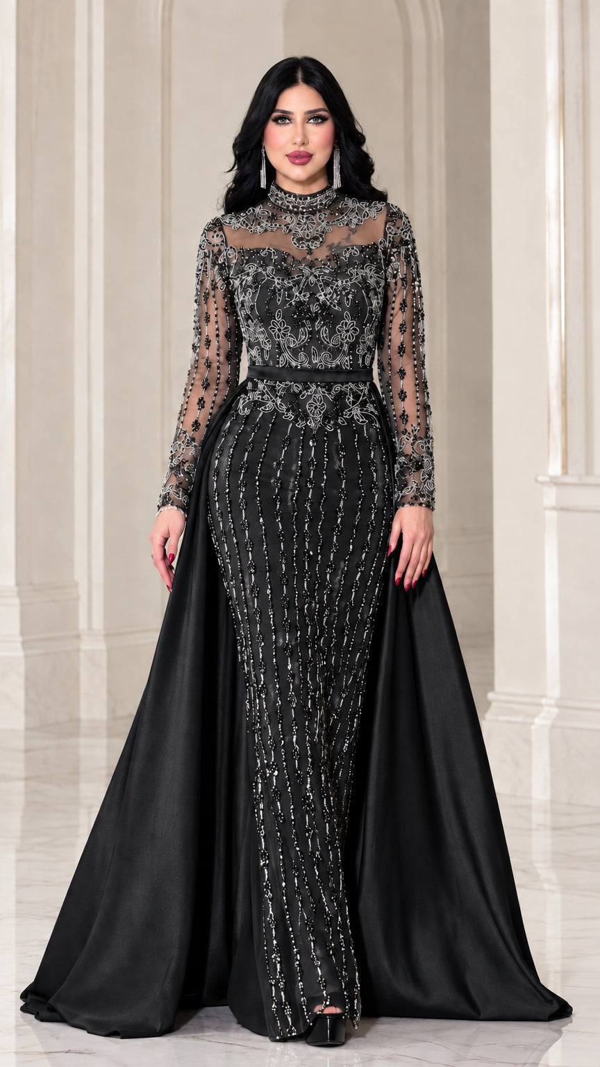 Black high neck long sleeve beaded evening dress with satin overskirt