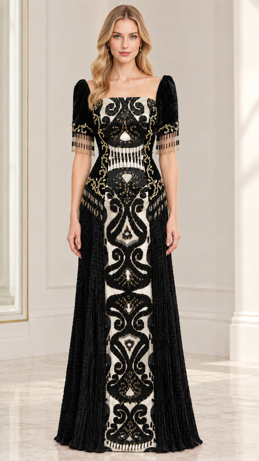 Black embroidered velvet formal evening gown with beaded sleeve trim