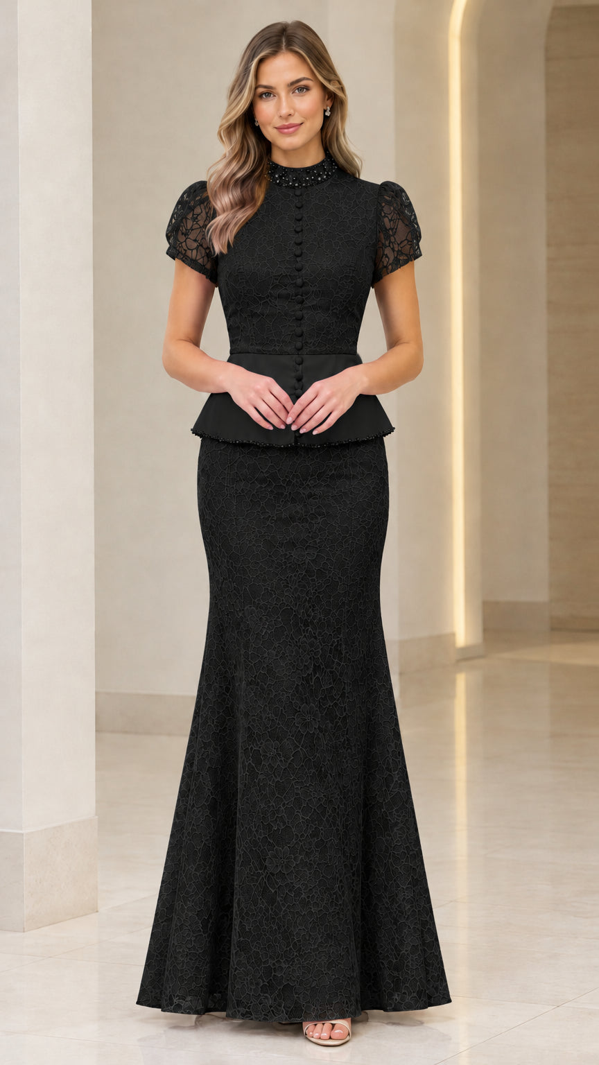 Black beaded high neck peplum lace evening gown front view