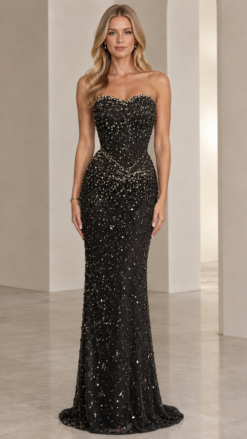 Front view of model wearing Black strapless beaded corset evening gown