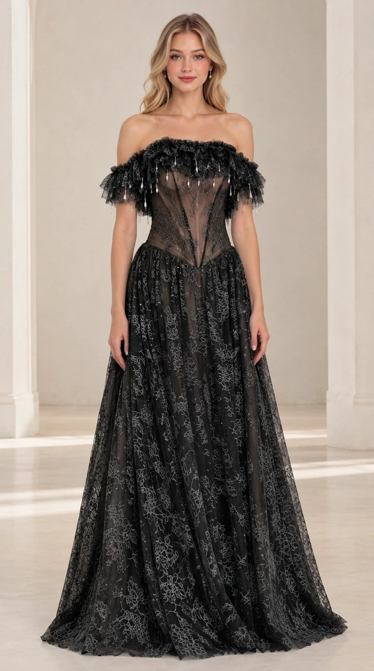 Black beaded off-the-shoulder lace corset formal gown