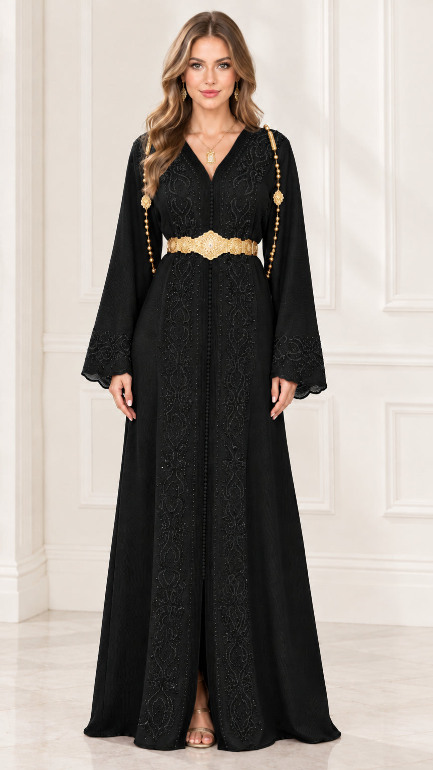 Full front view of Black embroidered kaftan maxi dress with gold belt
