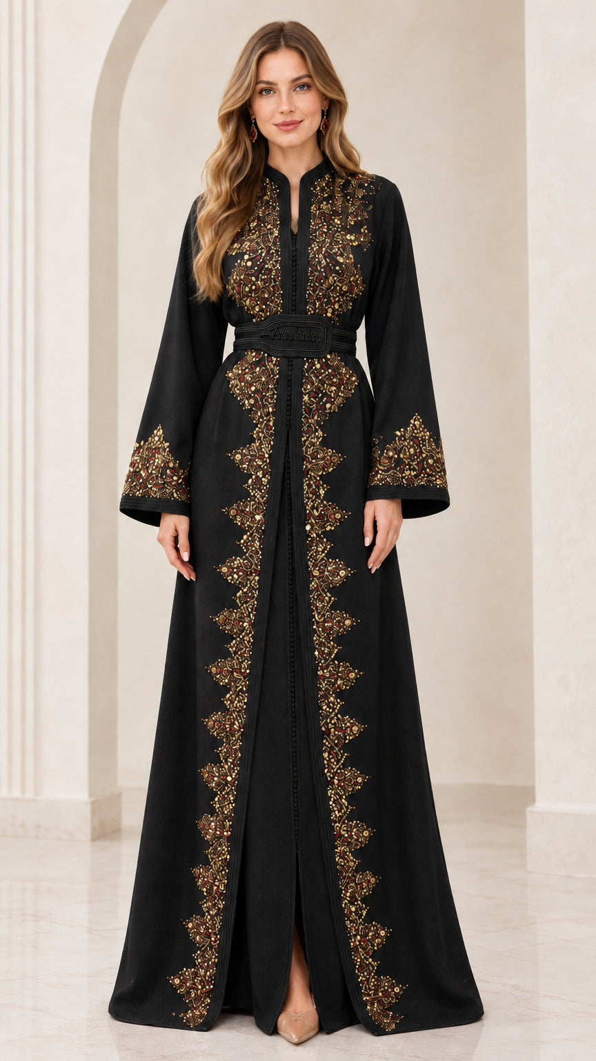 Model wearing Black embroidered Moroccan kaftan evening dress with gold accents