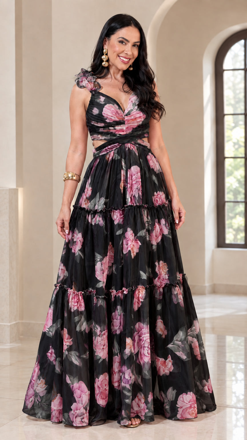 Model wearing Black floral print cutout tiered maxi dress