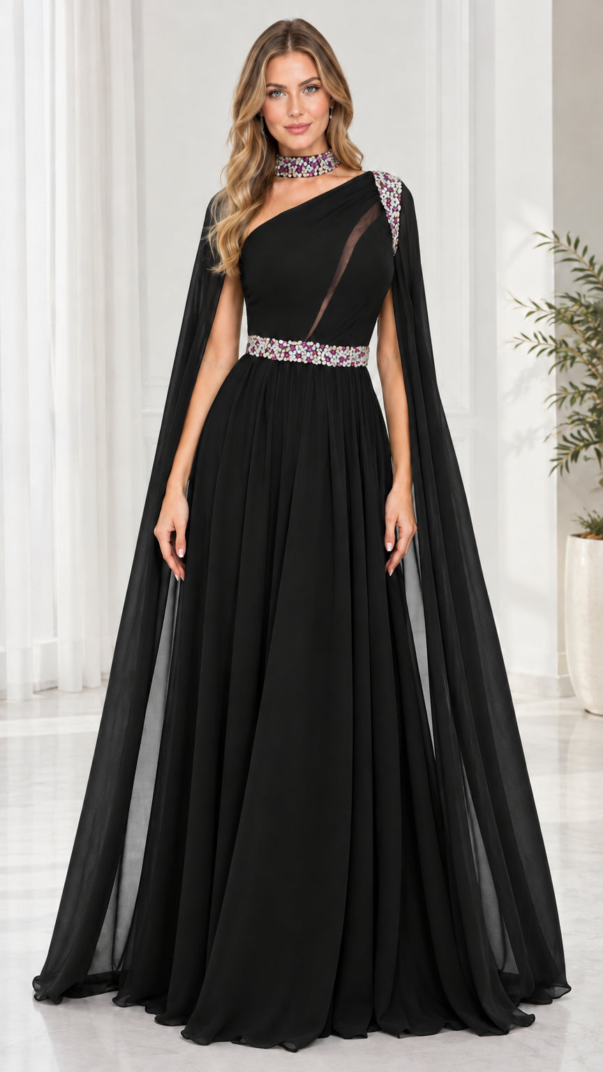 Front view of model in Black one-shoulder beaded cape evening gown