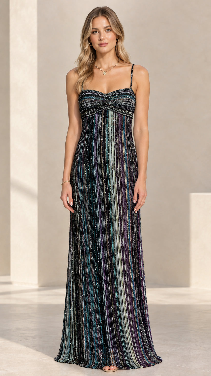 Model wearing the midnight black multi shimmer spaghetti strap evening maxi dress
