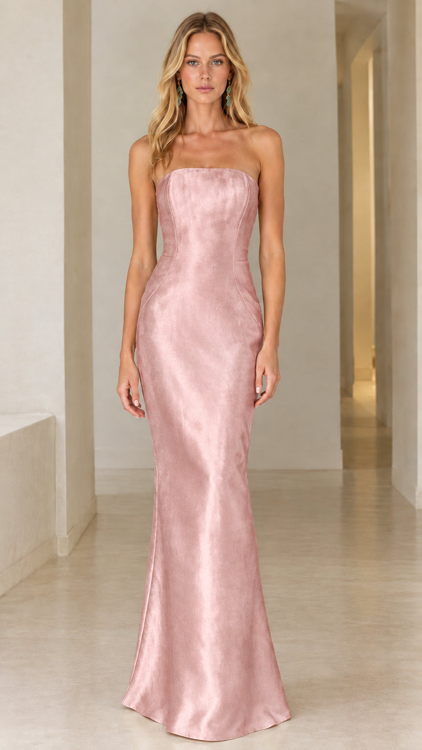 Front view of blush pink strapless satin evening gown on model