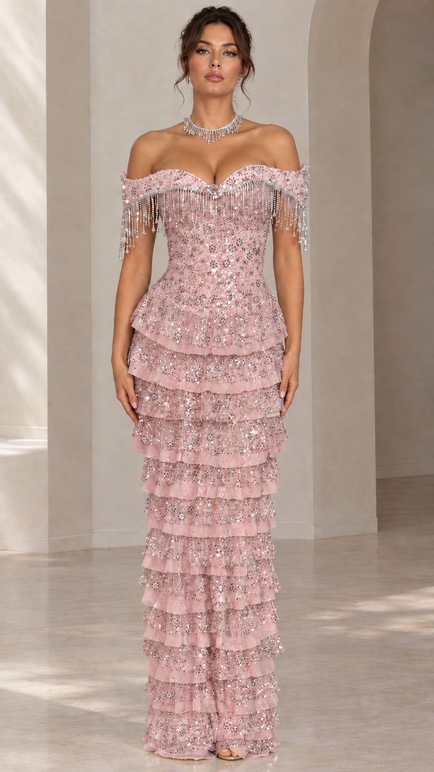 Blush pink off-the-shoulder tiered sequin formal maxi gown