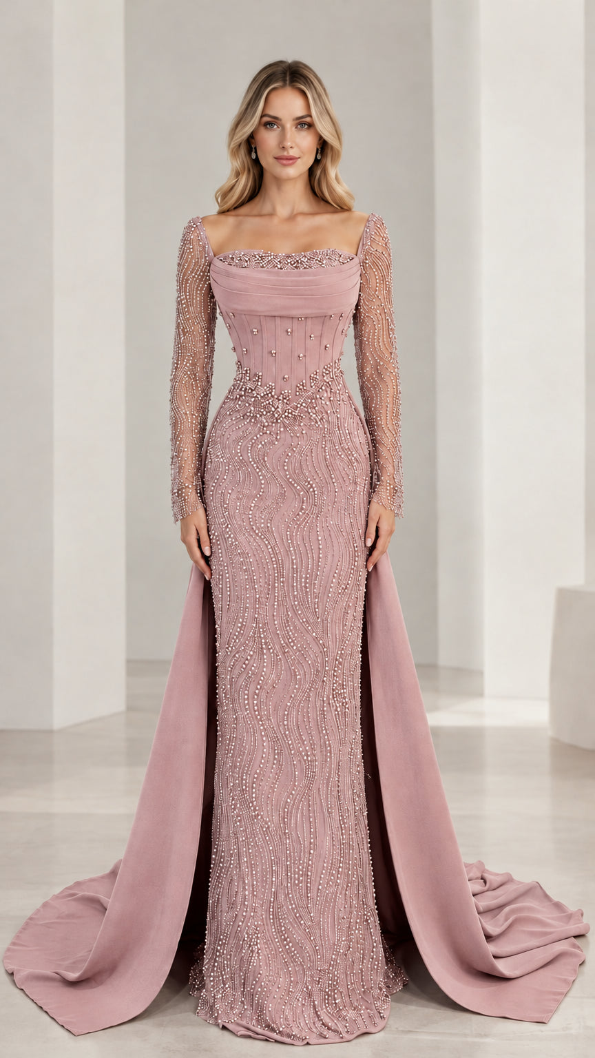Dusty rose beaded floor-length formal gown with sheer sleeves and overskirt