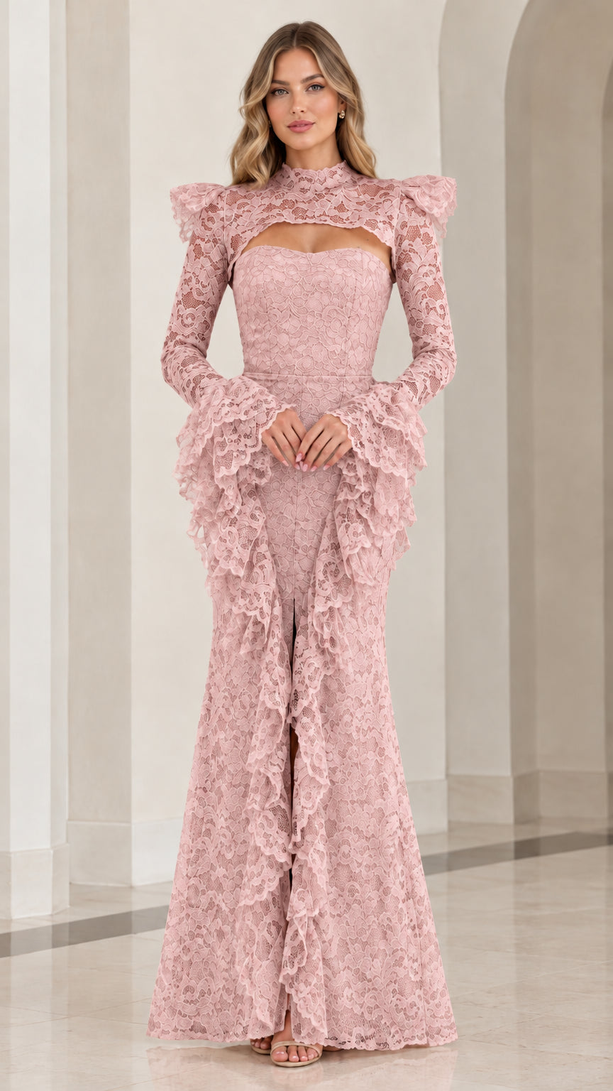 Front view of blush pink floral lace evening dress with cascading ruffles