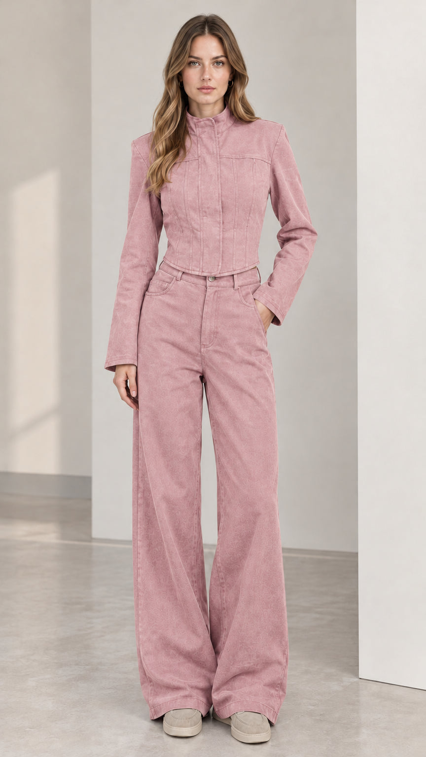 Full front view of women's dusty pink cropped jacket and wide leg pants set