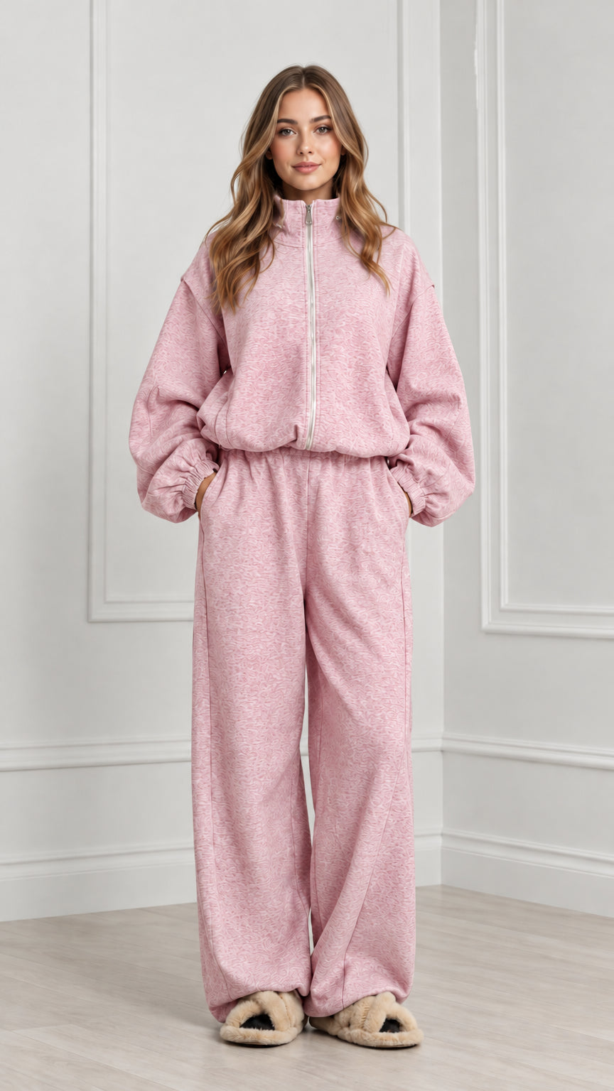 Women's dusty pink two-piece zip loungewear set