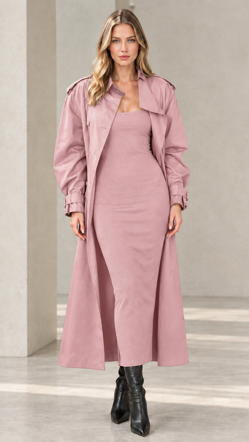 Full front view of women's dusty pink maxi trench coat layered over matching dress