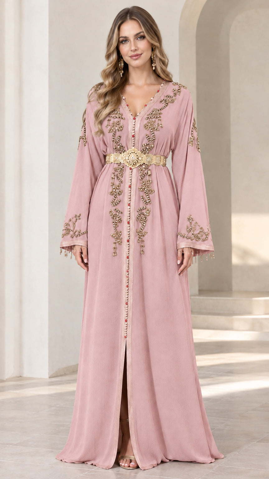 Front view of blush pink embroidered caftan maxi dress with gold belt