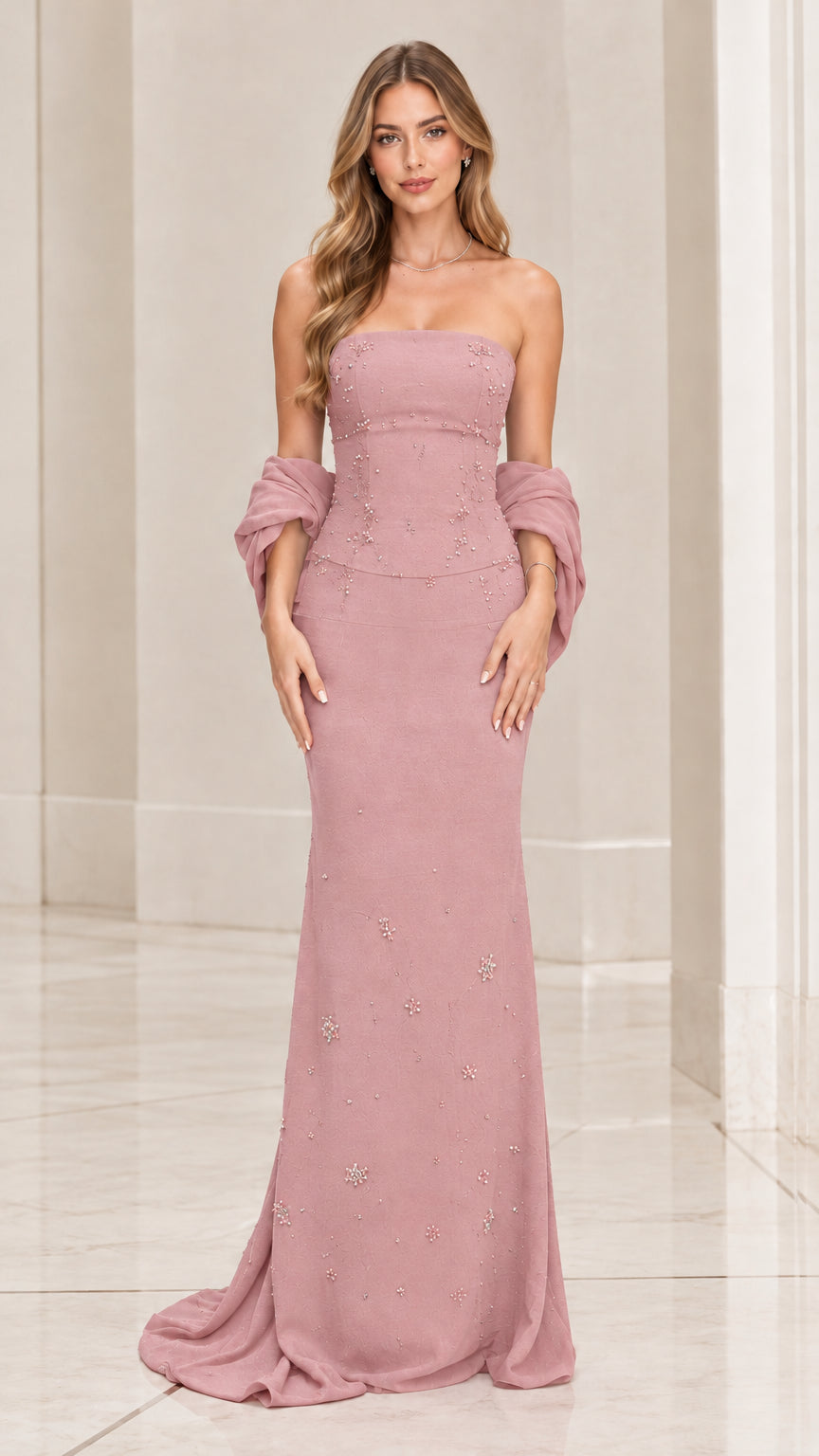 Dusty rose strapless beaded formal maxi dress with matching wrap
