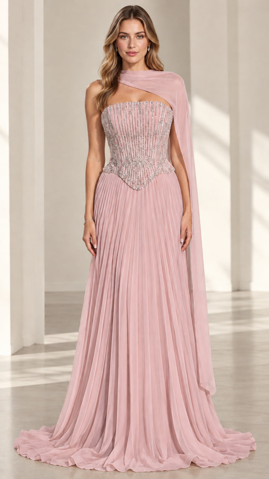 Blush pink strapless embellished corset evening gown with draped neck scarf