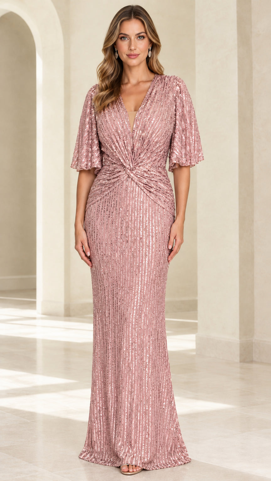 Full front view of blush pink sequin flutter sleeve evening dress
