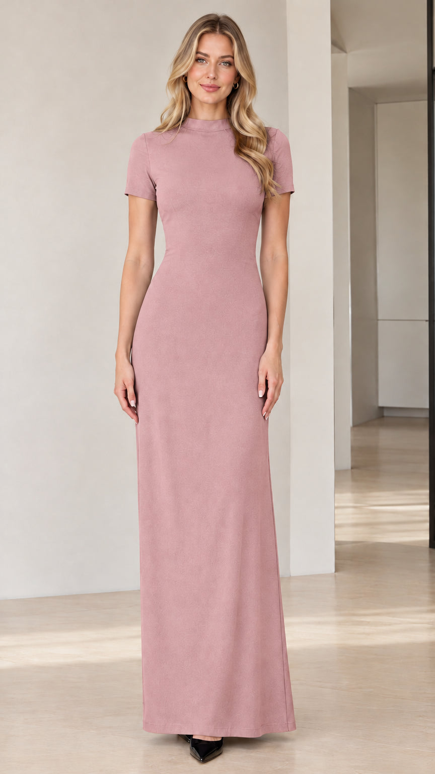 Front view of model wearing Dusty Pink mock neck column evening dress