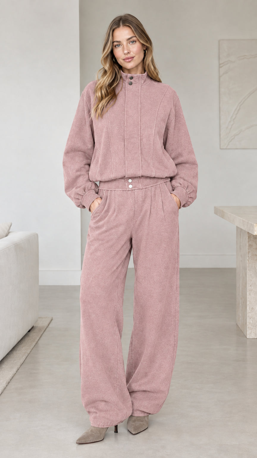 Women's dusty pink mock neck sweatshirt and wide-leg pants lounge set
