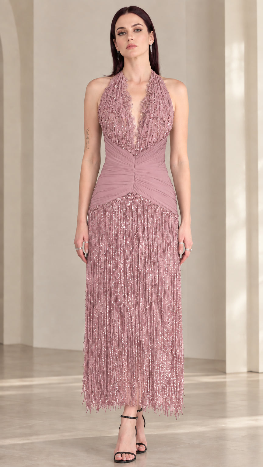 Front view of dusty pink halter sequin fringe evening dress