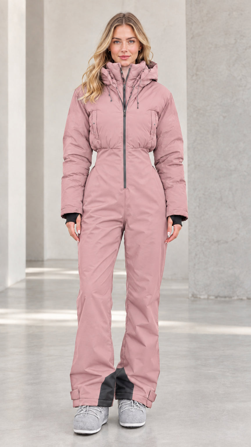 Front view of woman wearing dusty pink one-piece winter ski jumpsuit