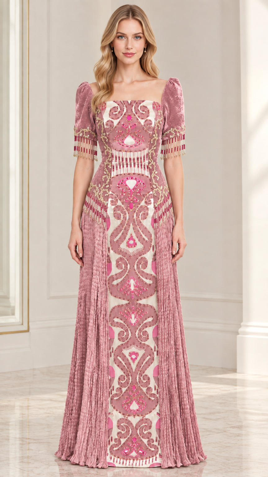 Dusty Rose pink embroidered velvet maxi gown with beaded details