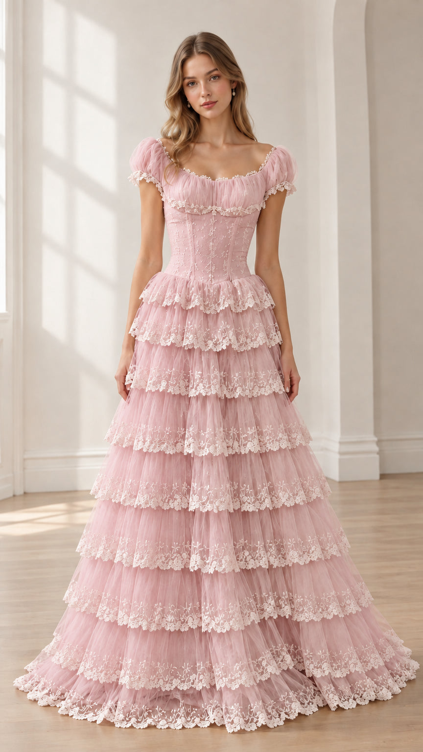 Blush pink tiered lace corset maxi dress with ruffled cap sleeves