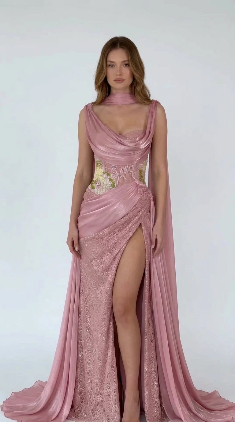 Dusty Rose draped formal evening gown with beaded waist and high leg slit