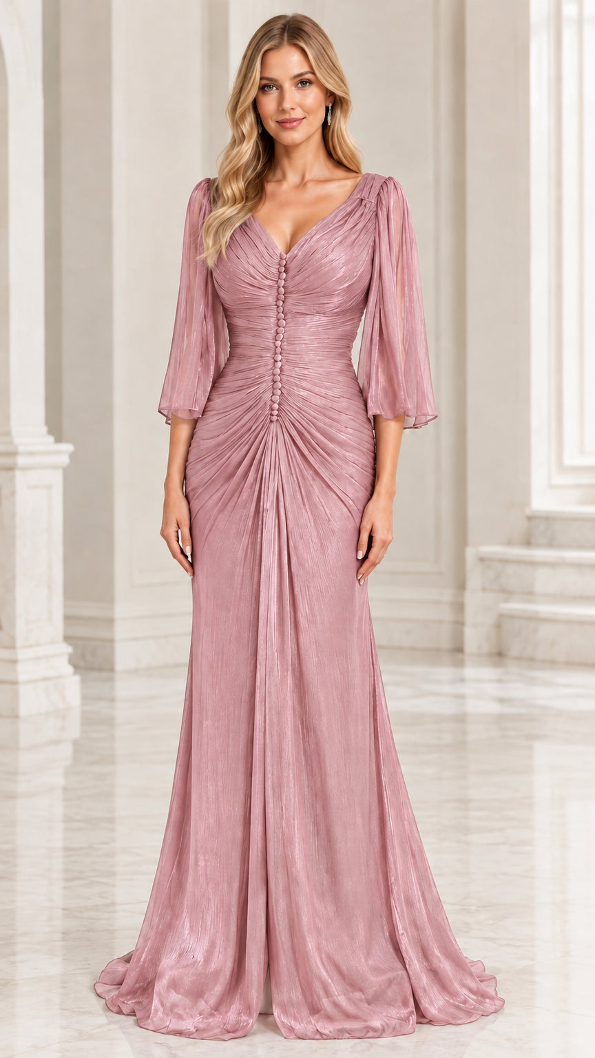 Front view of woman wearing Dusty Rose ruched flutter sleeve evening maxi dress
