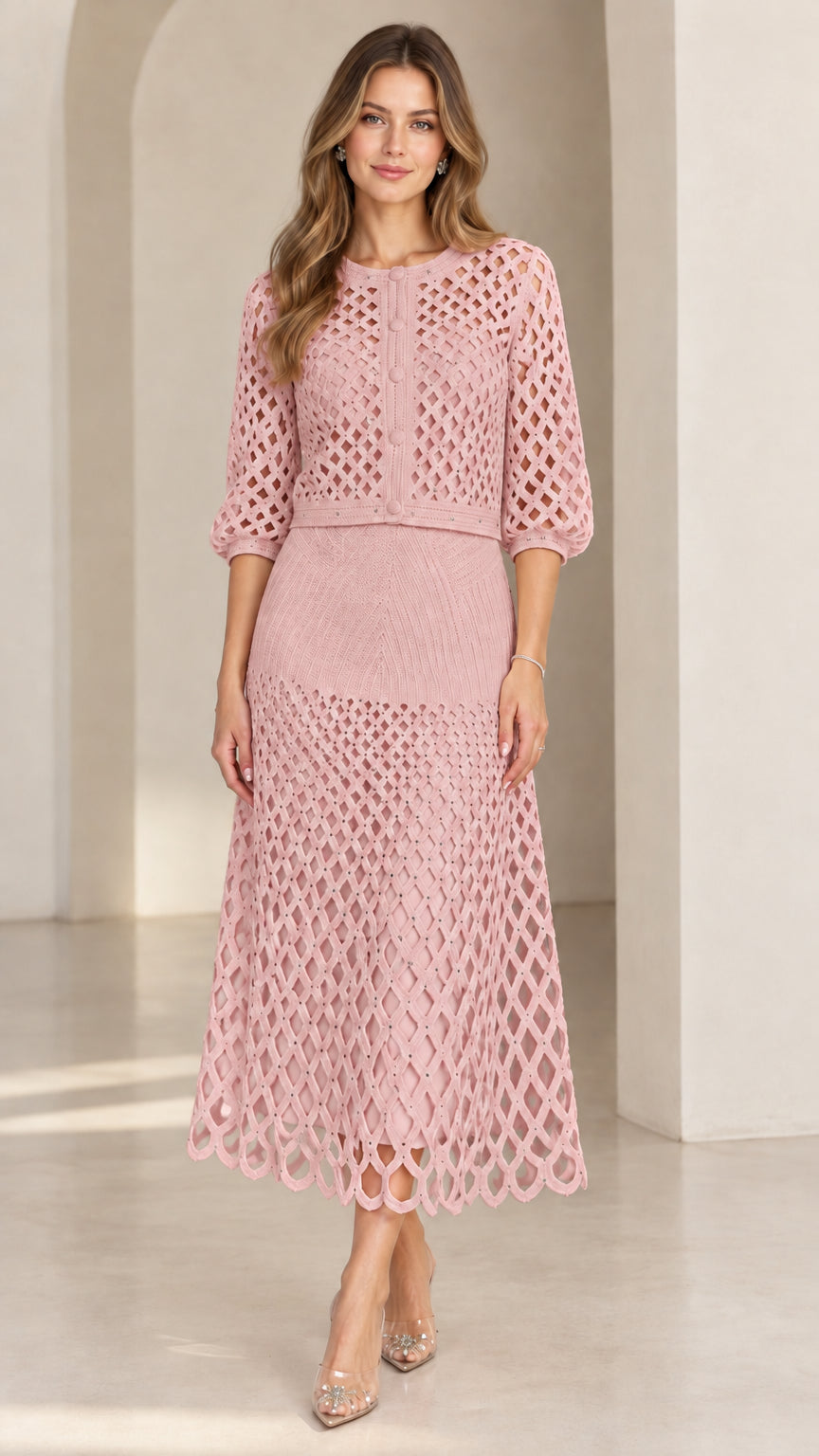 Dusty pink openwork knit cardigan and midi skirt set