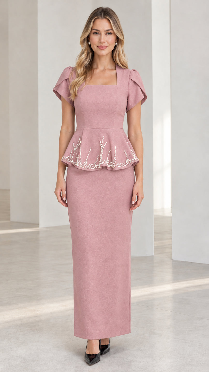 Dusty rose pink square neck beaded peplum maxi dress