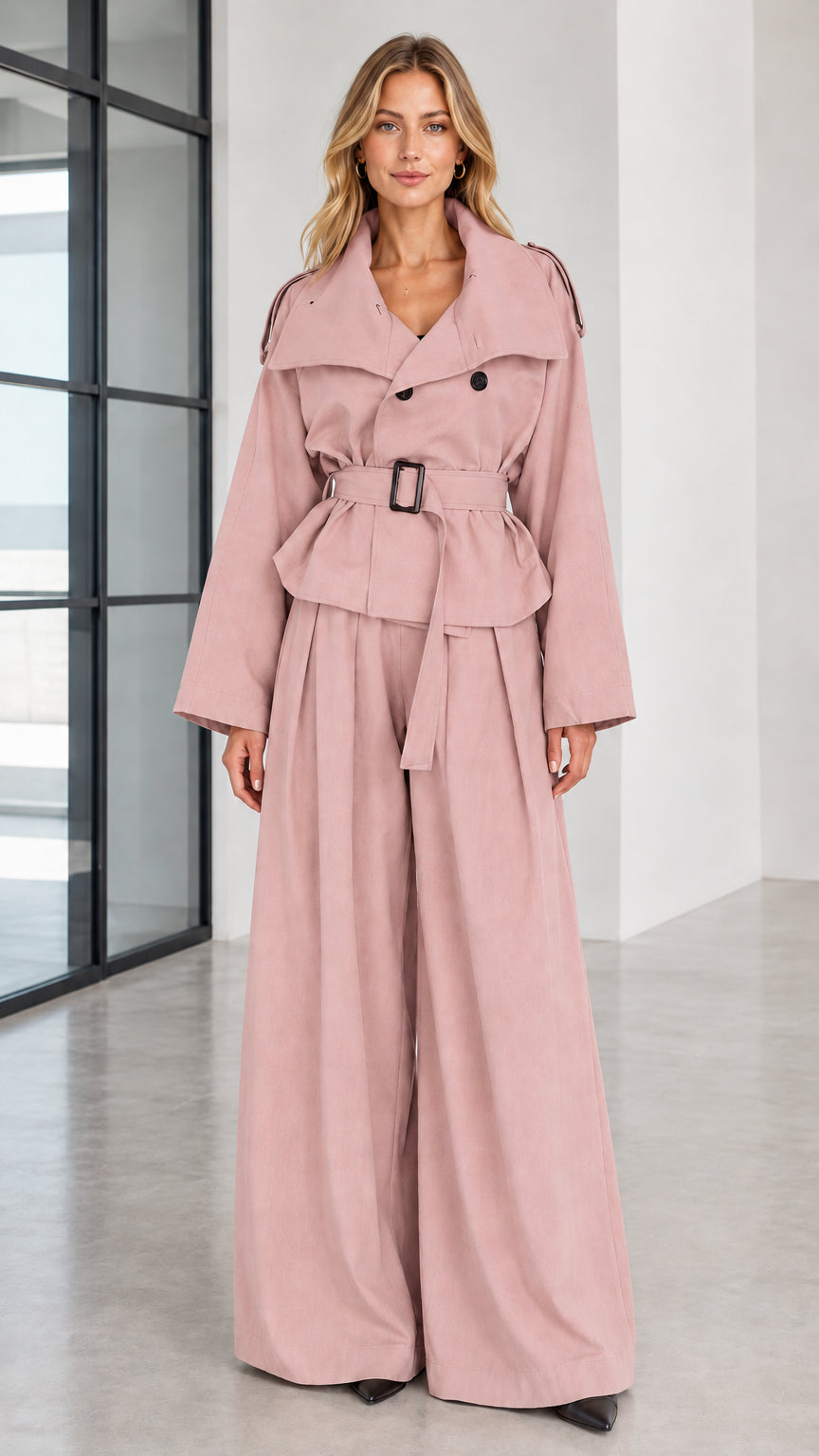Front full view of woman wearing dusty pink belted trench jacket and wide-leg trouser set