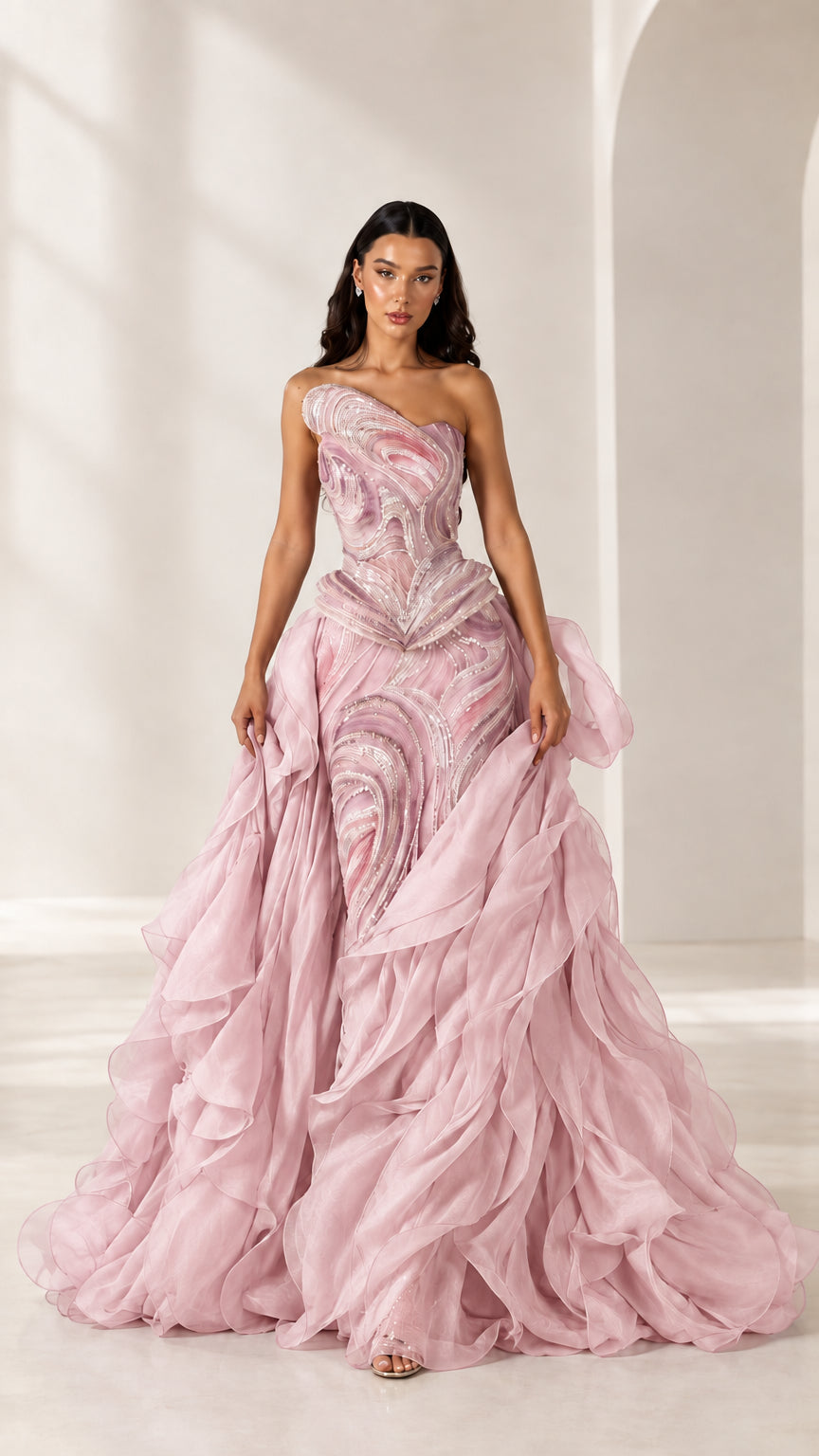 Front full-length view of model wearing blush pink one-shoulder beaded ball gown